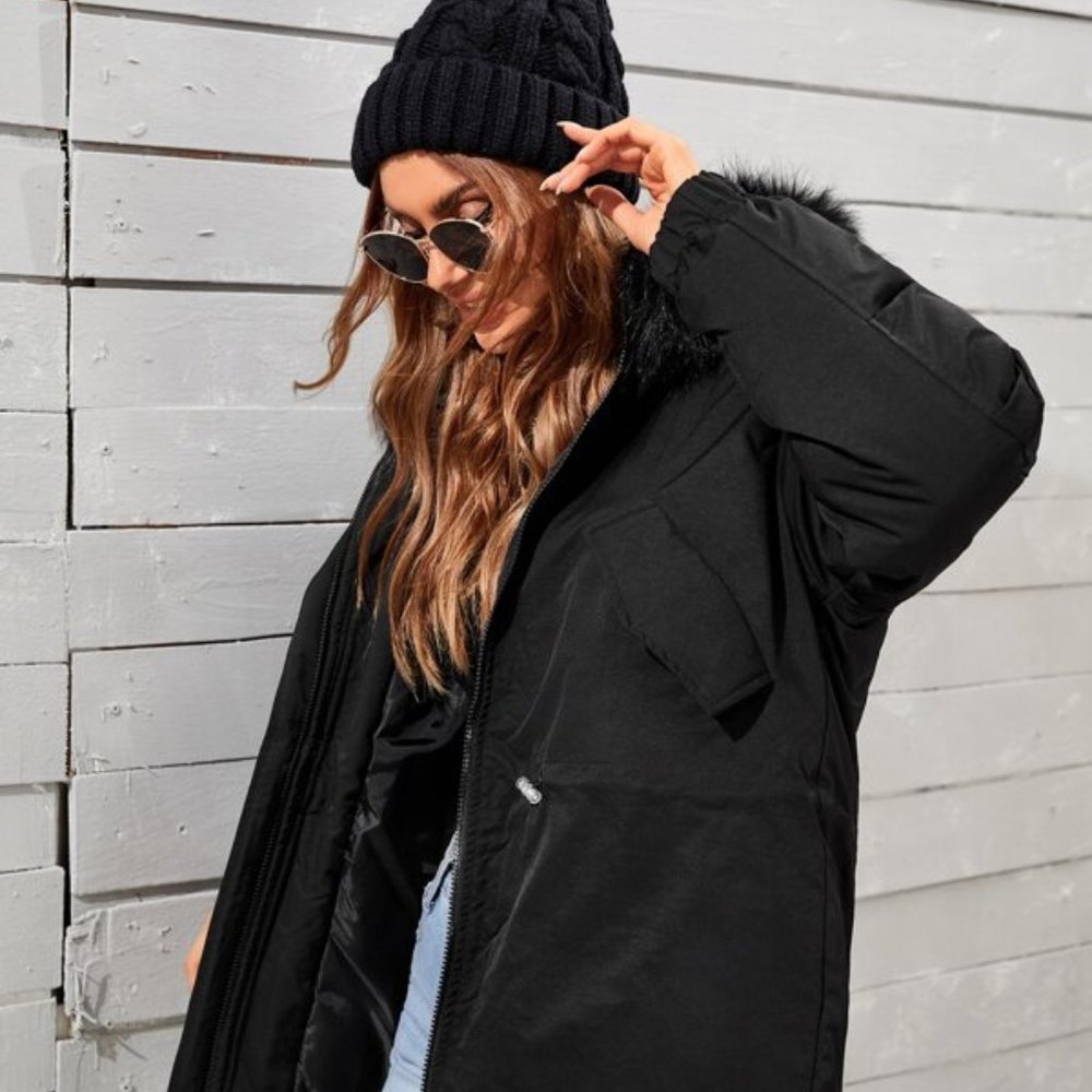 Contemporary Drawstring Waist Parka Winter Coat Black - Picture 6 of 9